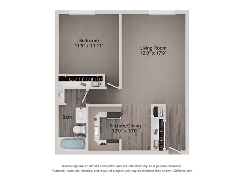 Floor plan for 1 bed, 1 bath, 700 sqft